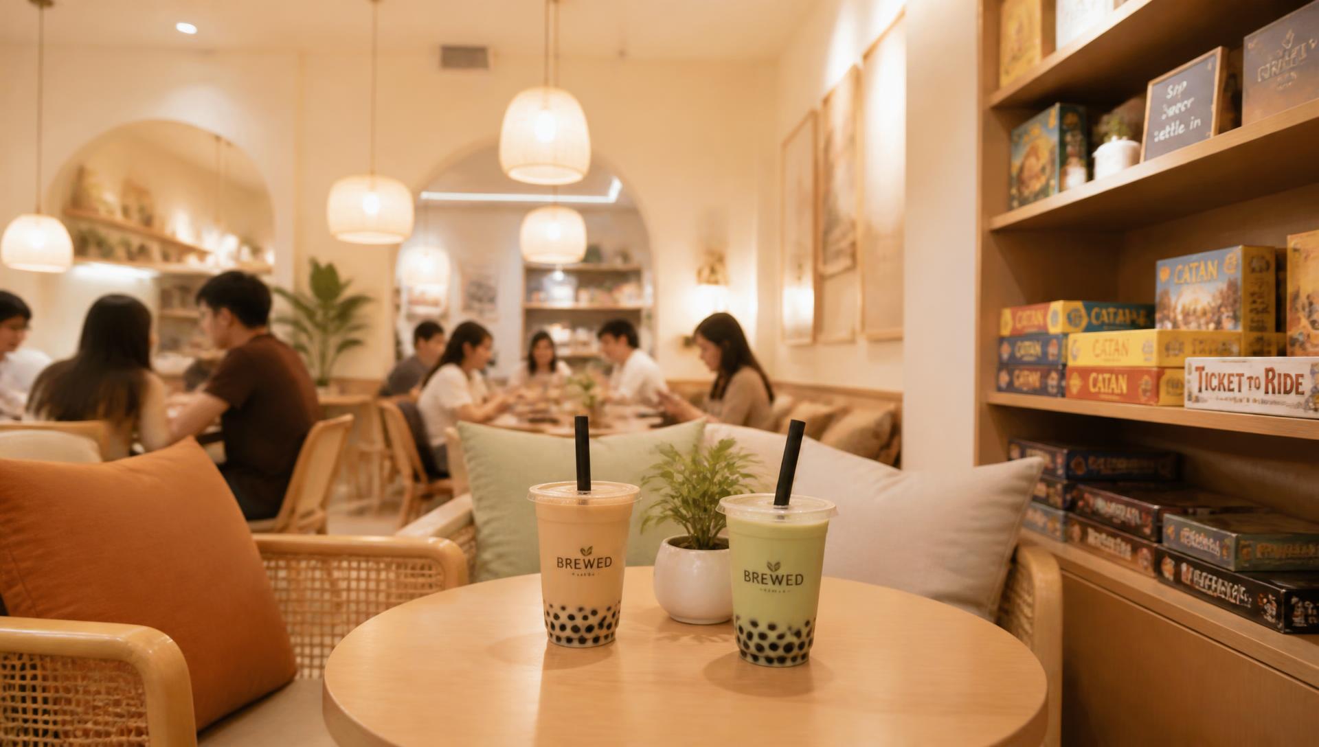 Cozy VU TEA cafe interior with warm lighting, comfortable seating, and board games on shelves