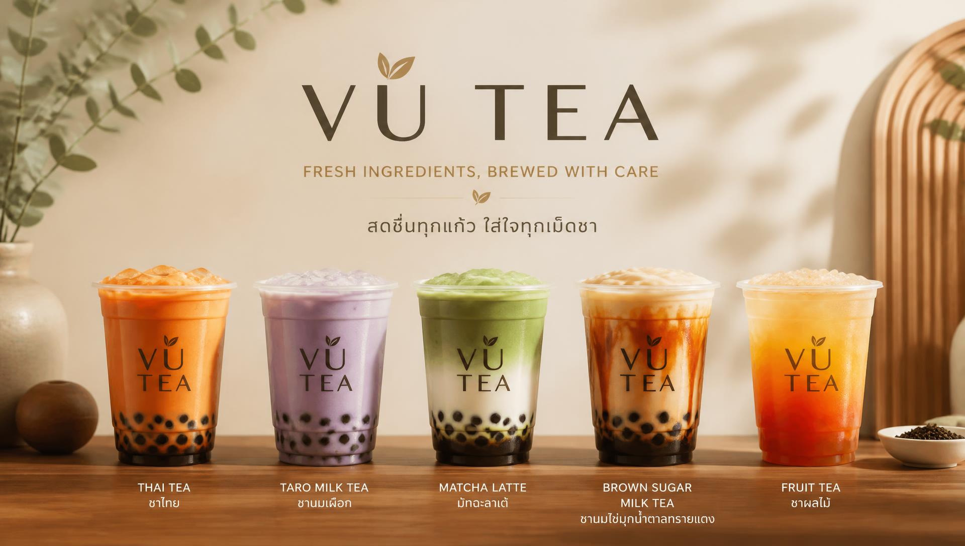 Colorful VU TEA bubble tea drinks arranged on a warm wooden counter