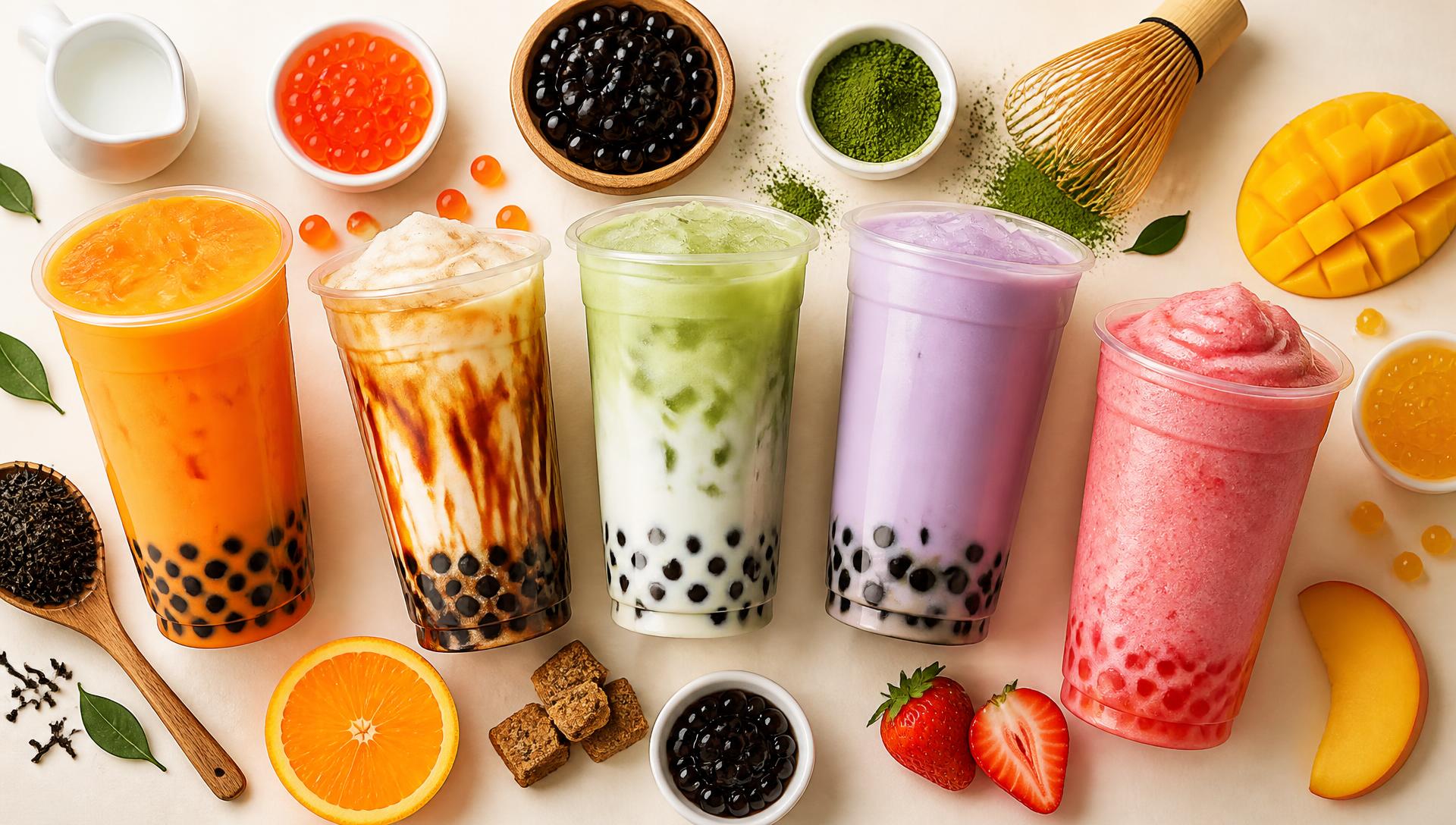 A colorful flat lay of VU TEA menu drinks including Thai tea, taro, matcha, brown sugar, and strawberry smoothie